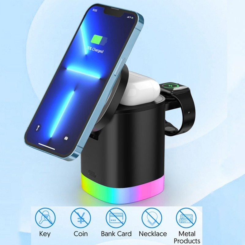 3 In 1 Magnetic Wireless Fast Charger For Smart Phone RGB Ambient Light Charging Station For Airpods IWatch